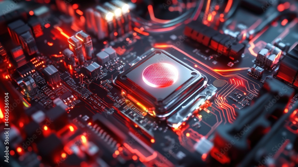 A sleek visualization of a futuristic gaming PC setup with RGB lighting illuminating the hardware components