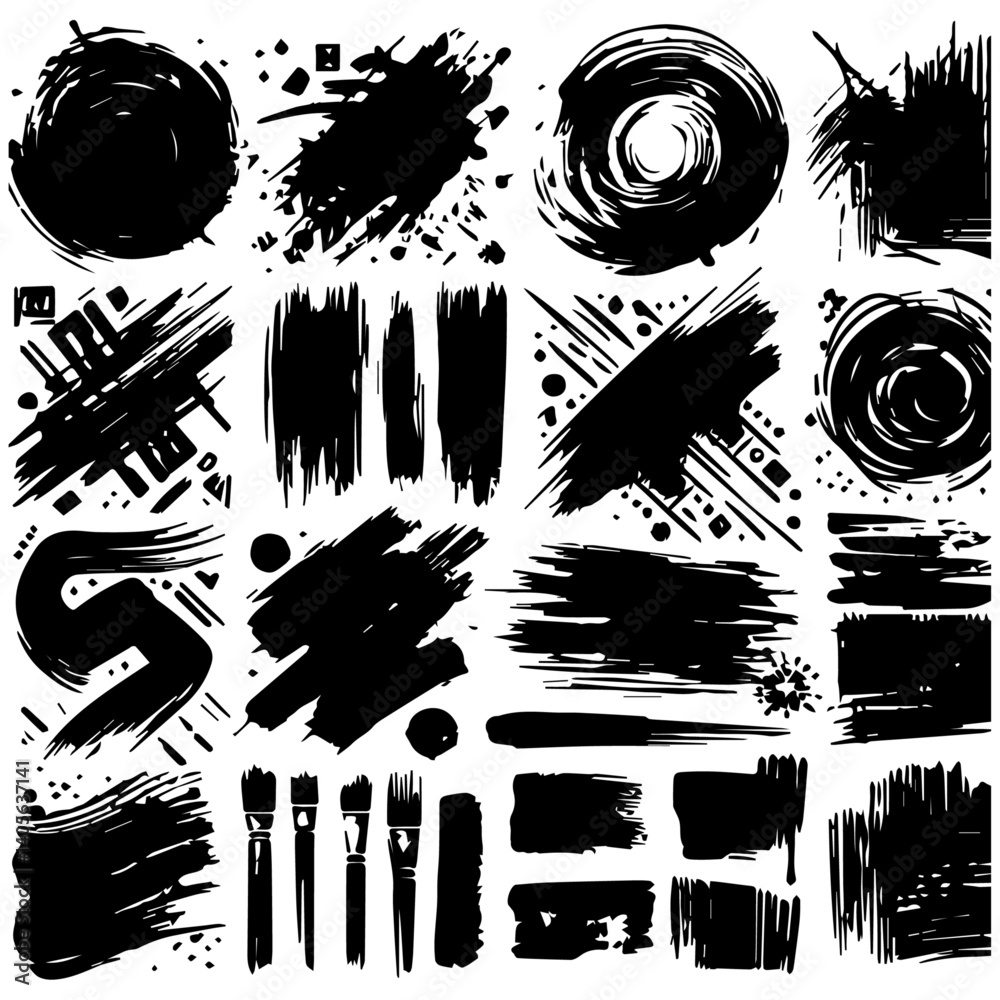 Obraz premium Set of ink grunge paintbrush strokes and splash of paints. Artistic textures collection.