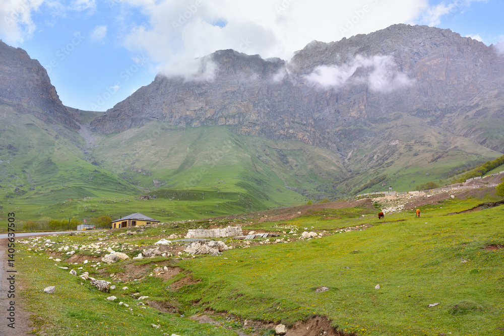 Beautiful view of the foothill valley of Ingushetia and majestic mountains in the background. Beautiful view of the foothill valley of Ingushetia and majestic mountains in the background.