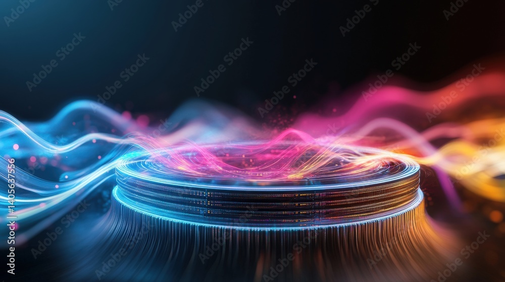 A smooth and clean data processing concept featuring interconnected floating CPU cores surrounded by glowing energy trails