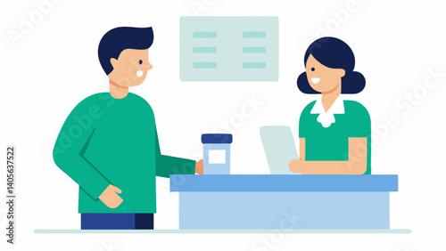 Pharmacist standing at a pharmacy counter talking with a customer, offering advice and assistance in a friendly and professional healthcare environment.
