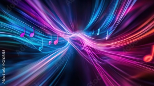 Obraz na płótnie A smooth blend of blue and purple neon musical notes radiating from the center of the composition in a futuristic abstract style w salonie