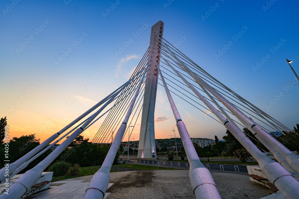 Millenium Bridge (Most Milenijum), a cable-stayed bridge that spans the Moraca river in Podgorica, the capital city of Montenegro in the Balkans