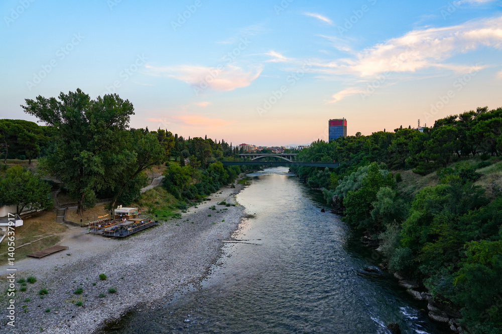 Moraca river flowing through Podgorica, the capital city of Montenegro in the Balkans