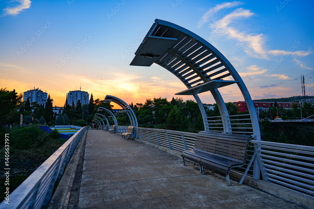 Moscow Bridge (Moskovski most), a pedestrian bridge that spans the river Moraca in Podgorica, the capital city of Montenegro in the Balkans