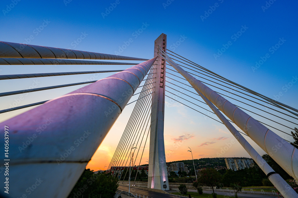 Millenium Bridge (Most Milenijum), a cable-stayed bridge that spans the Moraca river in Podgorica, the capital city of Montenegro in the Balkans