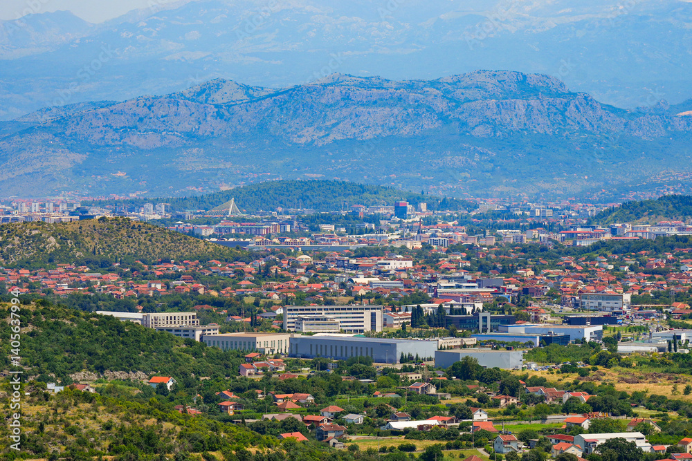 Aerial view of downtown Podgorica, the capital city of Montenegro in the Balkans