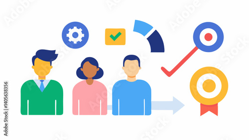Team characters in performance review meeting setting goals and tracking progress, representing workplace development and productivity improvement discussions.