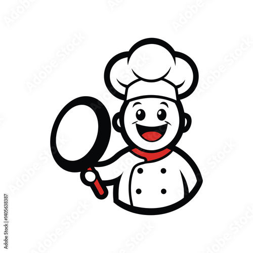 A vector art illustration of a chef mascot logo holding a frying pan with smile.eps
