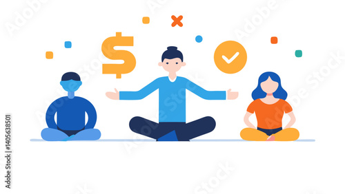Illustration set of businesspeople using mindfulness and stress relief methods, suitable for workplace wellness programs, seminars, and HR presentations