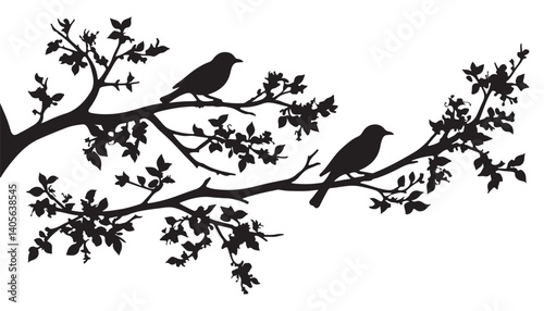 Vector design featuring silhouettes of birds and blooming branches.