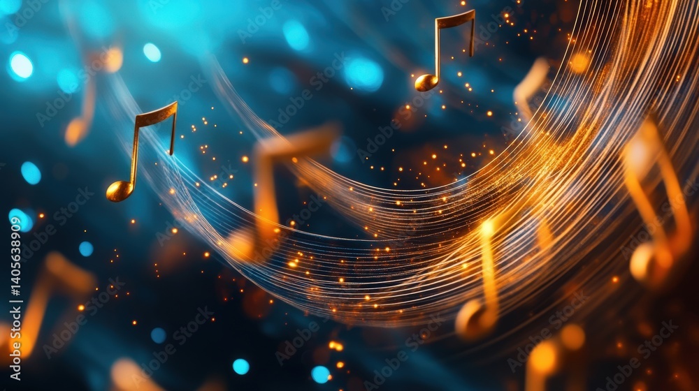 A softly lit abstract background featuring a spiral of golden musical notes dissolving into a gentle bokeh effect