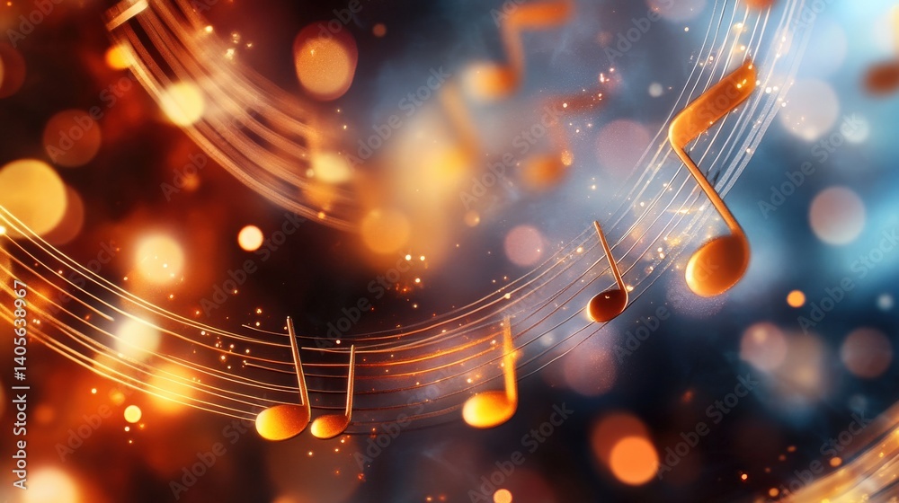 A softly lit abstract background featuring a spiral of golden musical notes dissolving into a gentle bokeh effect