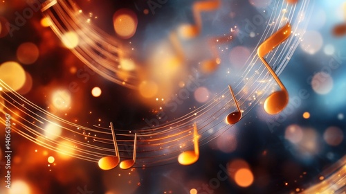 Obraz na płótnie A softly lit abstract background featuring a spiral of golden musical notes dissolving into a gentle bokeh effect w salonie