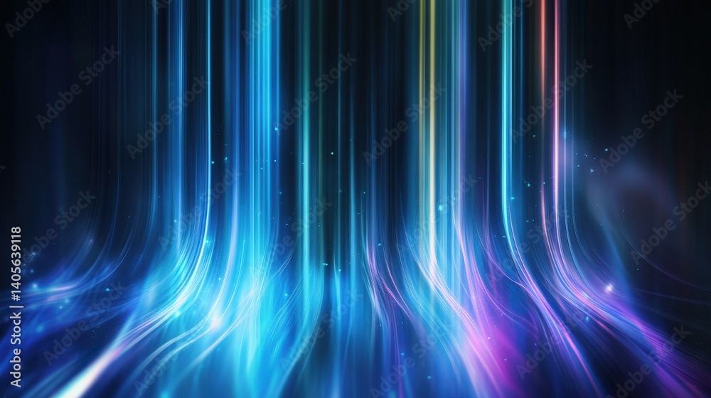 A sophisticated server rack-inspired abstract with parallel glowing blue lights extending into the distance
