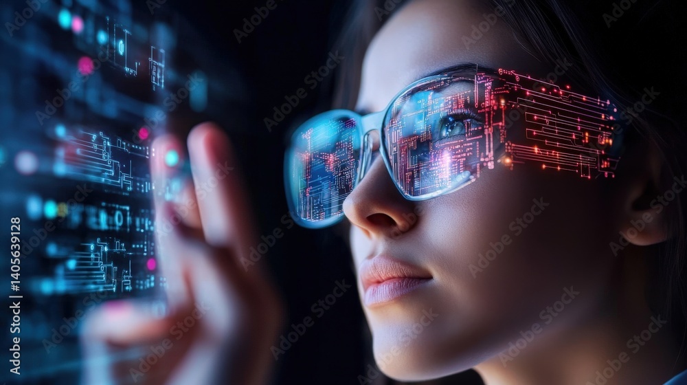 A sophisticated circuit board visualization featuring holographic data projections and interactive digital interfaces