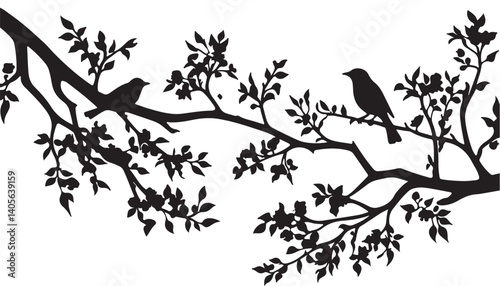 Vector design featuring silhouettes of birds and blooming branches.