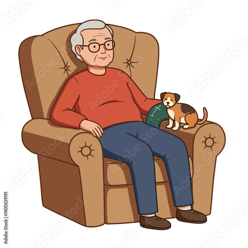 Relaxing Moment: A senior individual enjoys quiet time in an armchair alongside his canine companion, creating a cozy, comforting scene of relaxed contentment.