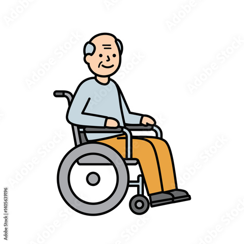 A Cheerful Elder: A heartwarming portrait of an elderly person seated in a wheelchair, exuding warmth and positivity with a gentle smile, representing age, mobility, and the importance of care.