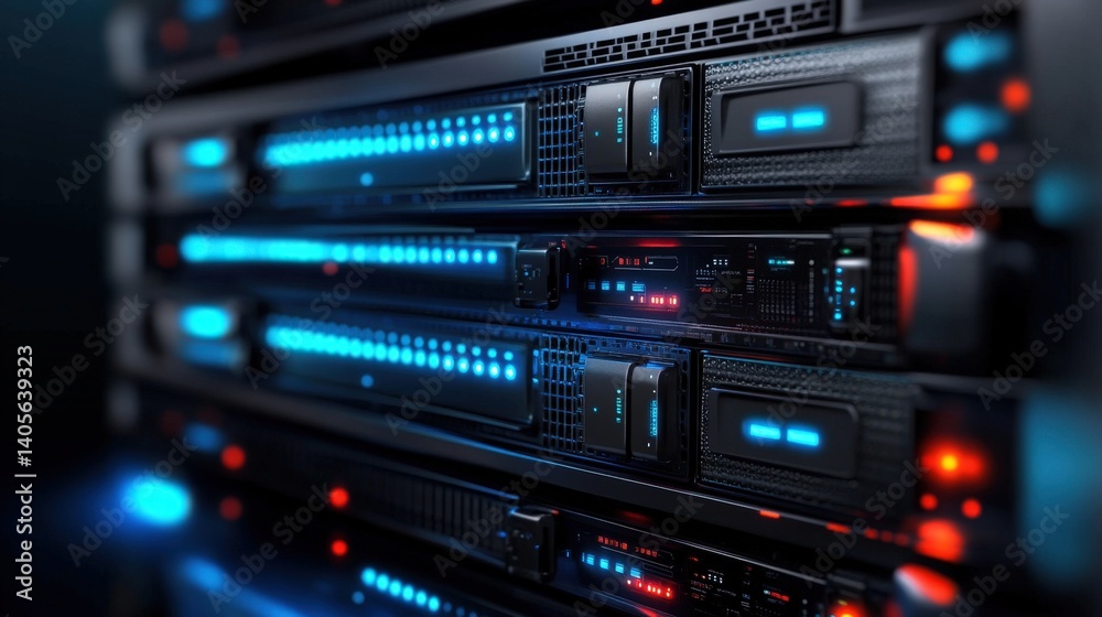 A sophisticated server rack-inspired abstract with parallel glowing blue lights extending into the distance