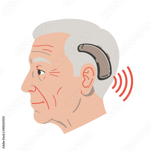 Hearing aid in Illustration: An aged individual is depicted with a hearing aid behind the ear, conveying the essence of advanced technology.