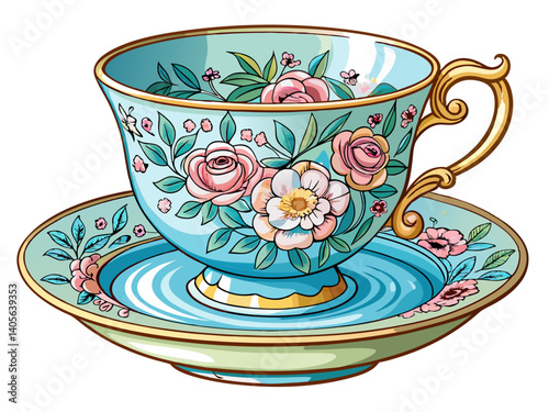 A high-quality vector illustration of a traditional porcelain teacup with saucer and floral pattern, isolated on a white background, delicate and vintage