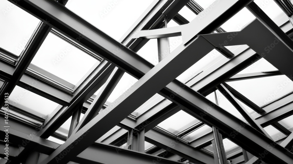 A sophisticated steel framework of an industrial construction site, forming a dynamic and modern abstract perspective