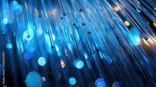 A sophisticated server rack-inspired abstract with parallel glowing blue lights extending into the distance