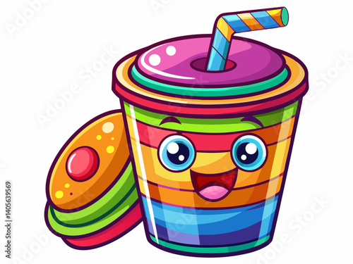 A high-quality vector illustration of a colorful plastic kids cup with lid and curly straw, isolated on a white background, cheerful and safe design