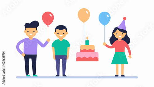 Happy characters enjoying a birthday party celebration, standing together and engaging in fun conversations with smiles and cheerful vibes at the special gathering.