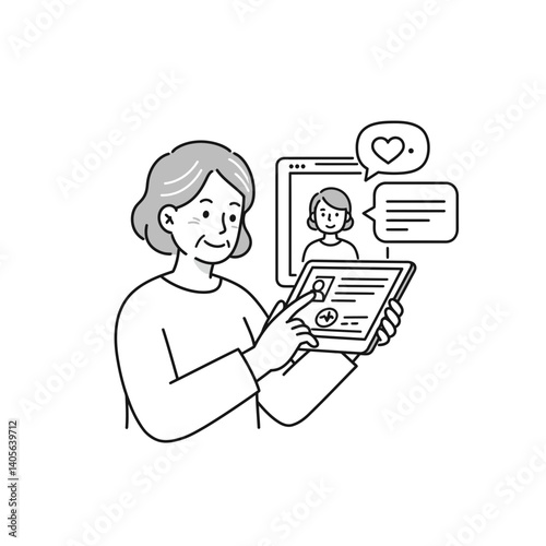 Elderly Woman Using Tablet:  A friendly elderly woman sits comfortably in her living room, holding a tablet in her hand.  She is video chatting with a loved one on the screen.