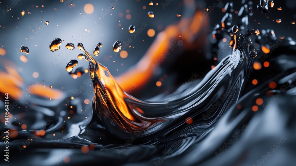 A stunning industrial abstract of black crude oil splashing in slow motion, creating an artistic and powerful visual, with copy space