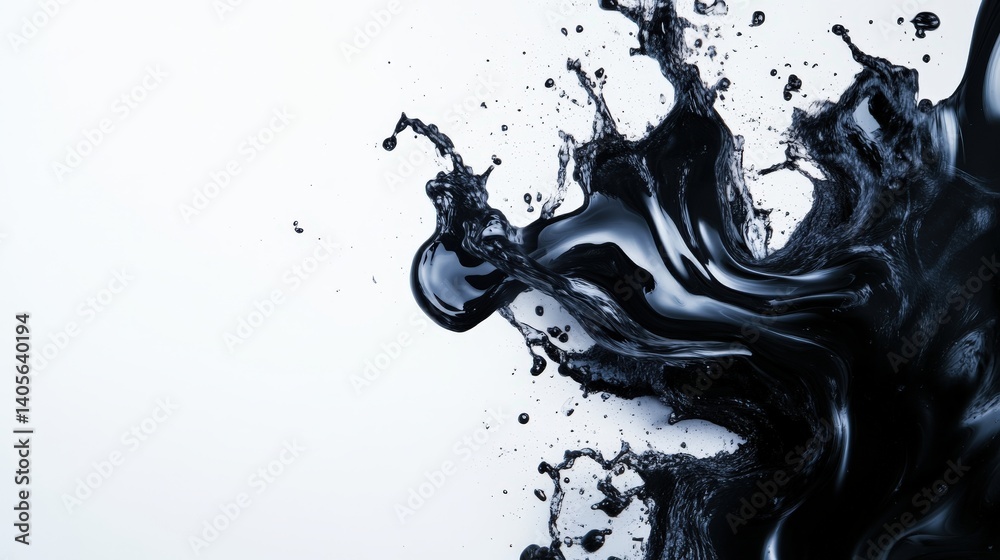 A stunning industrial abstract of black crude oil splashing in slow motion, creating an artistic and powerful visual, with copy space