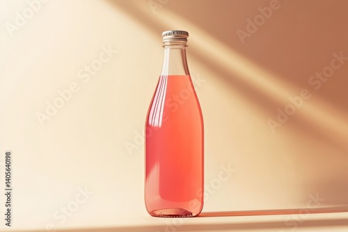 A blank glass juice bottle mockup, slightly tilted, high-resolution transparency, soft natural shadows, minimalistic product photography