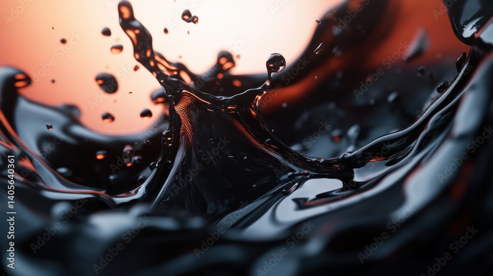 A stunning industrial abstract of black crude oil splashing in slow motion, creating an artistic and powerful visual, with copy space