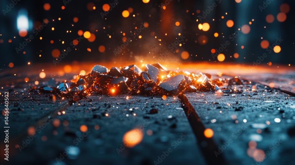 A stunning industrial abstract of shimmering raw metal ores scattered across a workbench, ready for refinement, with copy space