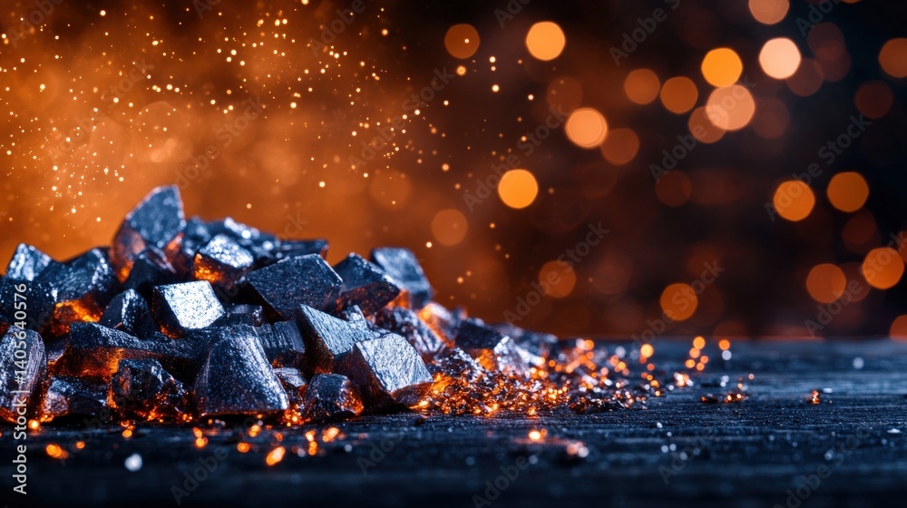 A stunning industrial abstract of shimmering raw metal ores scattered across a workbench, ready for refinement, with copy space