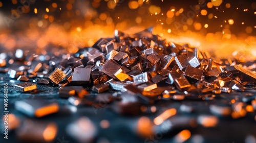Obraz na płótnie A stunning industrial abstract of shimmering raw metal ores scattered across a workbench, ready for refinement, with copy space w salonie