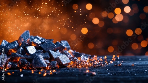 Obraz na płótnie A stunning industrial abstract of shimmering raw metal ores scattered across a workbench, ready for refinement, with copy space w salonie