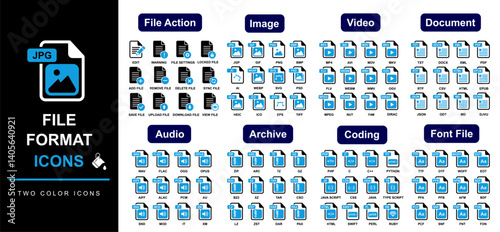 File extension icons big collection. Popular files format including image, video, audio, document, archive, programming, font file type. jpg, png, mp4, mov, txt, docx, wav, ogg, zip, arc, php, ttf 