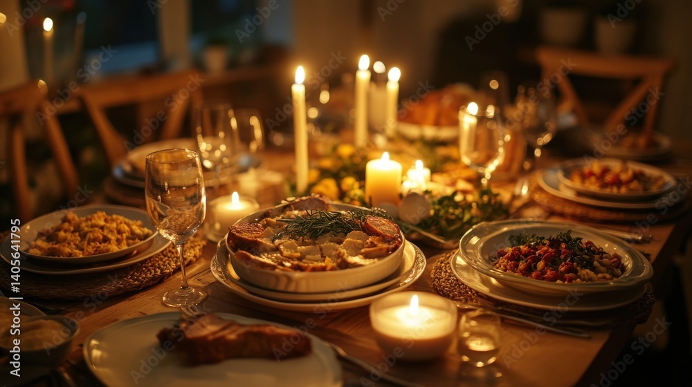 Naklejka premium A beautifully lit dining table is set for a special dinner