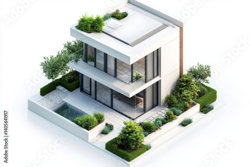 Modern two-story house with a rooftop garden and landscaped yard