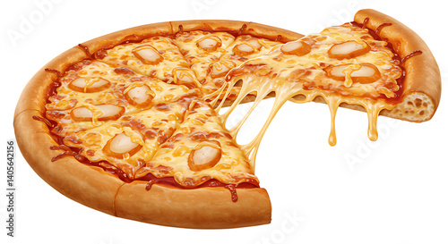 A hot cheesy pizza slice pulled apart showing stringy melted cheese placed on a white background looking fresh, tasty, and perfect for parties or lunch.