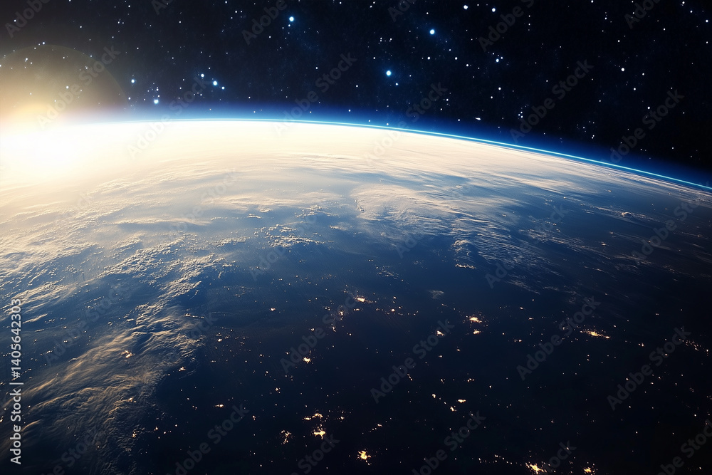 Fototapeta premium Majestic Sunrise Over Earth Seen From Space – Glowing Horizon, Planet Atmosphere, and Outer Space View