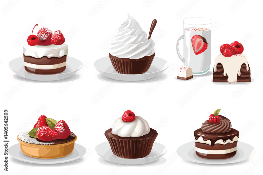 Set of cappuccino and mini cakes on a white background, watercolor illustration of desserts. Set of cappuccino and mini cakes on a white background, watercolor illustration of desserts.