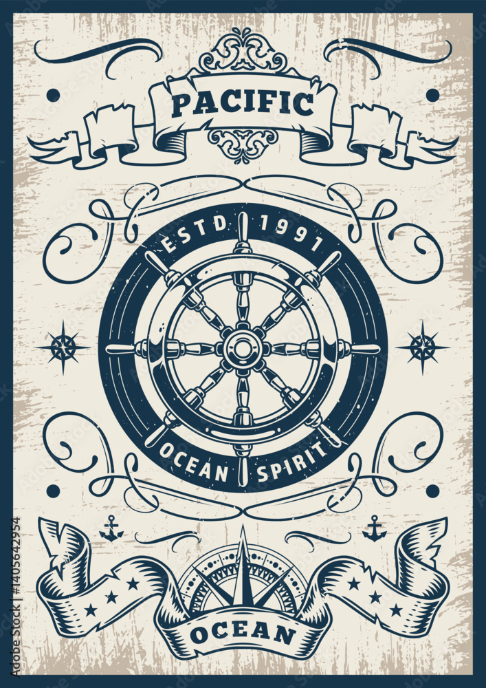 Obraz premium Nautical design with ship's wheel ocean