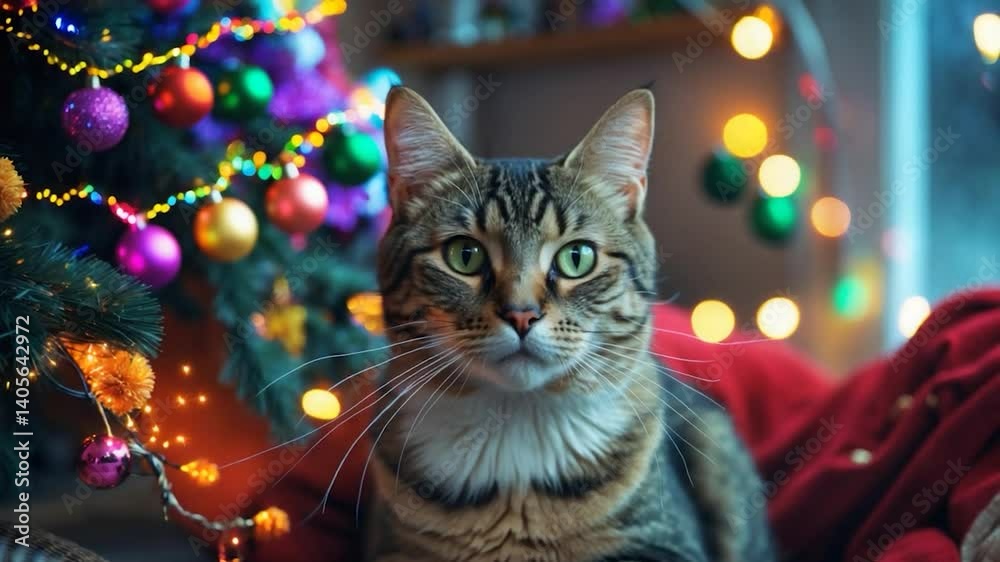 Cat from shelter settled in home. Bright garland glimmers around the cat. Celebrations with adopted cat