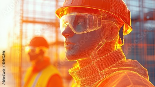 Construction worker in augmented reality, highlighted by digital overlay.