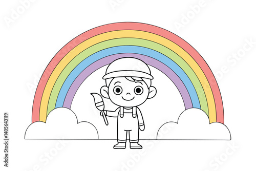 Cartoon Boy With Rainbow Illustration Holding Paintbrush And Standing On Clouds