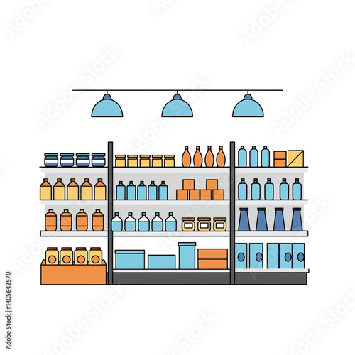 Store Shelf Display: A neatly arranged store shelf showcasing a variety of products under soft, ambient lighting. Illustrating organized retail.